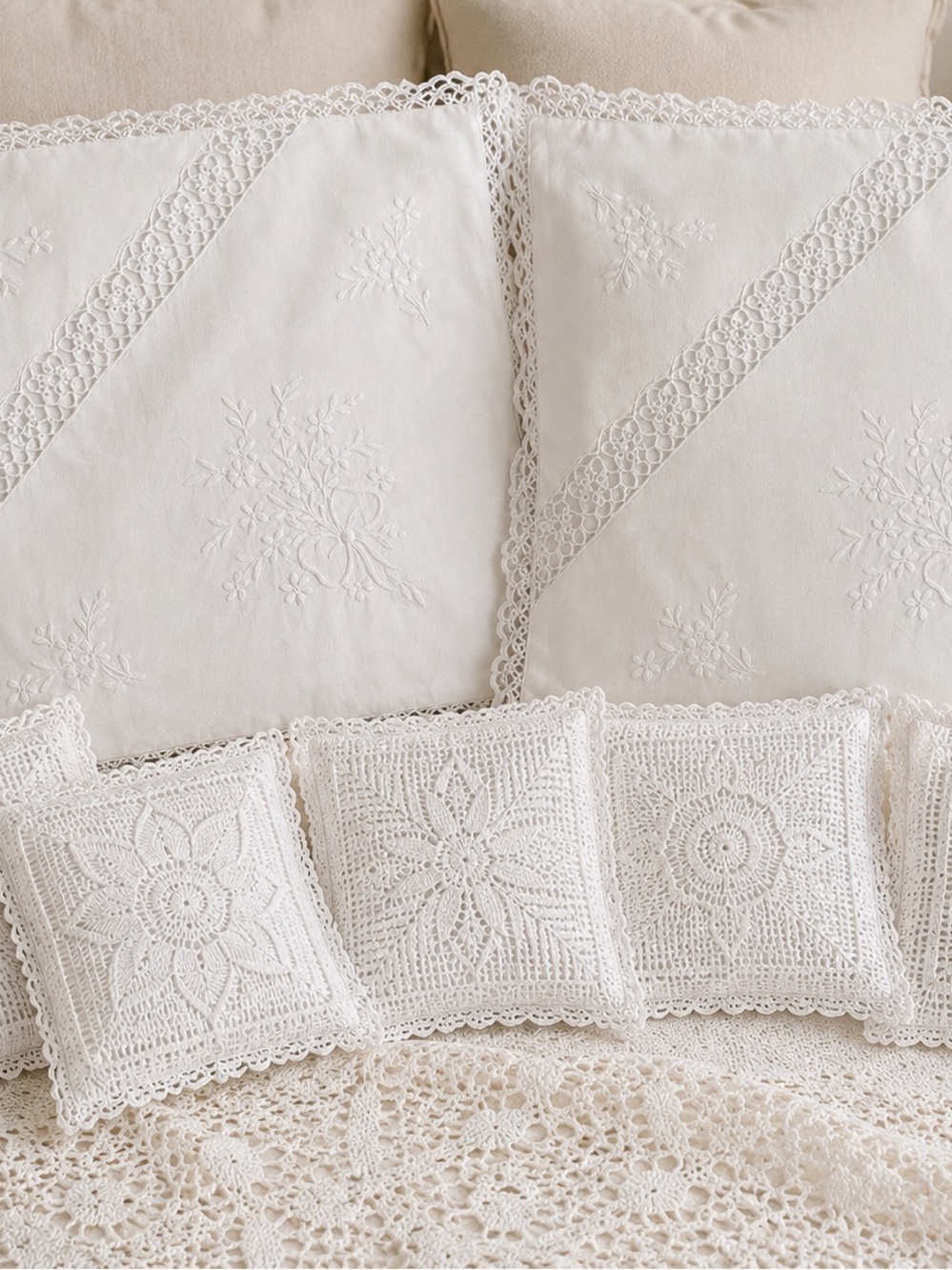 Vintage Handmade Crochet Lace Embroidered Pillow Covers Set of 7